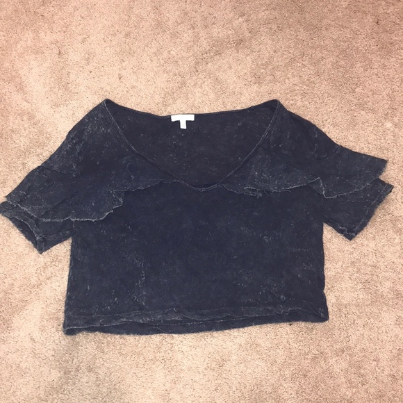 Abound Tops - Scoop V Neck Ruffled Distressed Navy Top